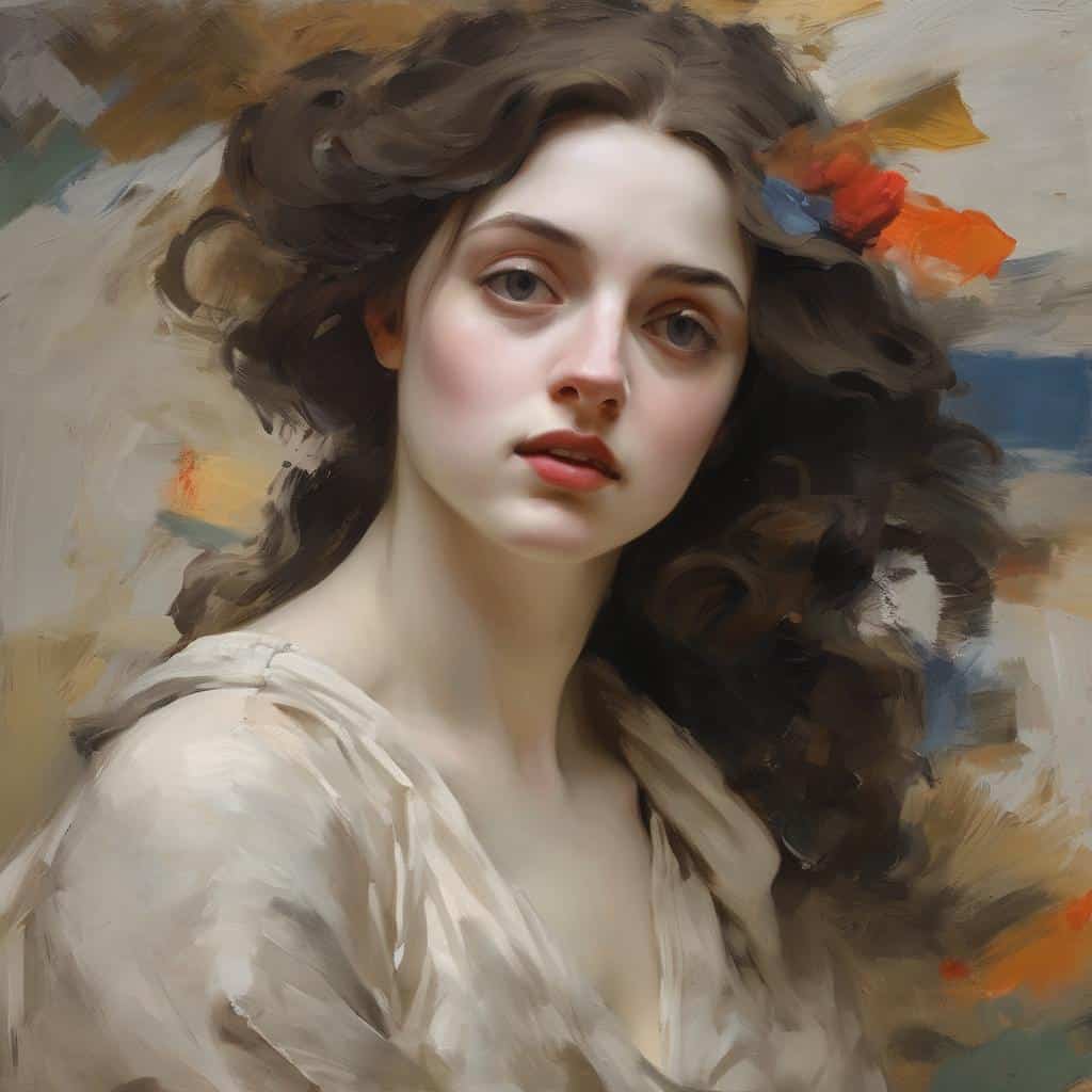 κορίτσι με σγουρά μαλλιά, πορτρέτο σε ρεαλιστικό και ζωγραφικό στυλ, Μεσογειακά θέματα και αισθητική, τέχνη και κλασική ομορφιά.